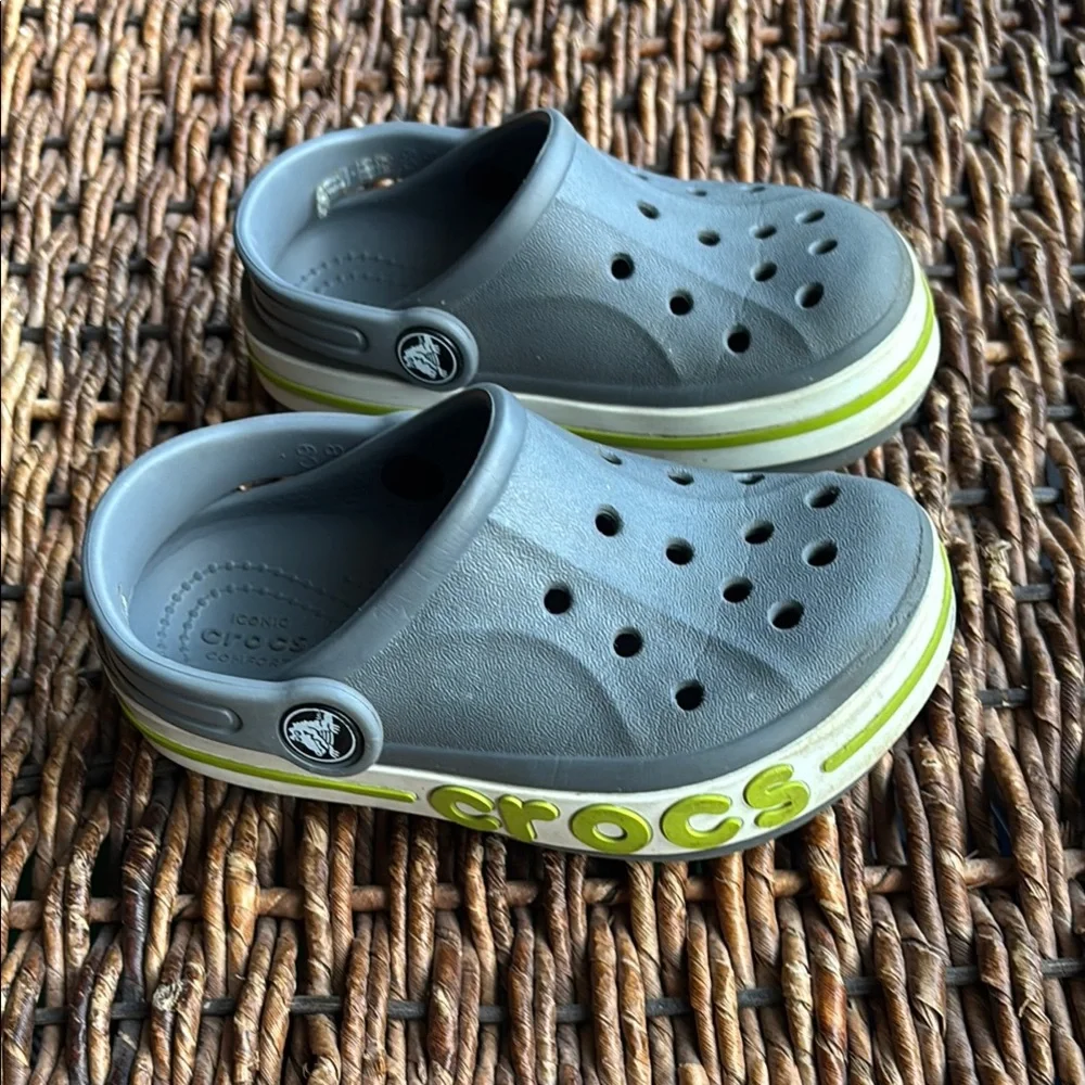 Kids Crocs Gray Clogs with Green Accents 9